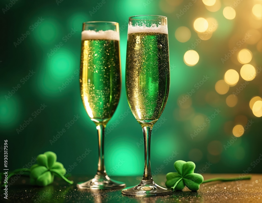 Fototapeta premium Two glasses of green bubbly champagne with shamrock decorations. Festive Saint Patricks Day celebration drink with bokeh lights. Cheers to Irish luck and merriment.
