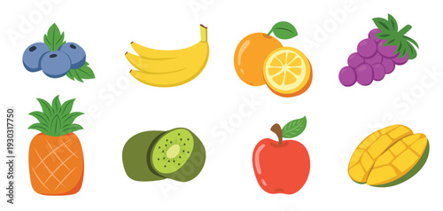 Tropical fruit collection with banana, orange, pineapple, kiwi and apple