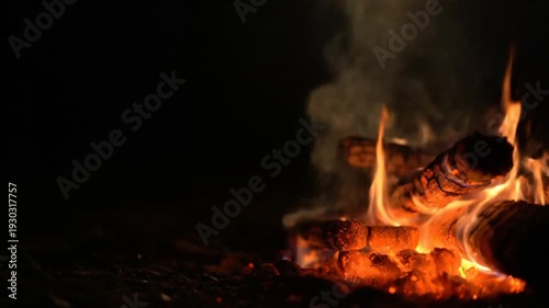 Cinematic Bonfire Close Up at Night with Copy Space 4K