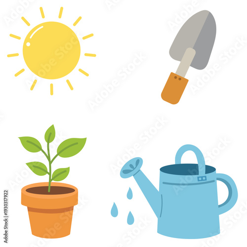 Gardening equipment and plant set with sun, watering can and flower pot