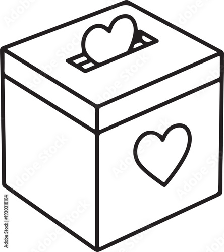 A black and white line drawing of a ballot box with a heart on iT