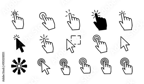 Hand Cursor Icon Collection Vector – Mixed Outline and Filled Click Icons