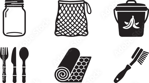 Zero Waste Kitchen, Sustainable Living and Eco-Friendly Houseware Silhouette Icon Set Vector Illustration