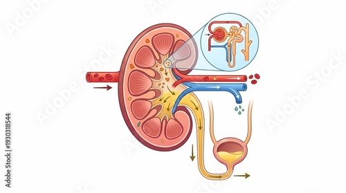 Medical diagram showcasing human kidney structure, blood filtration, urine formation, and the entire excretory system