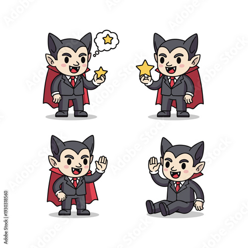 Cartoon vampire character set in various poses and actions with red cape