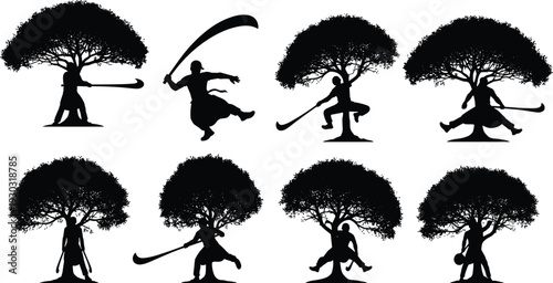 Martial arts sword silhouettes with dynamic poses, warriors training, combat stances, tree background, strength, agility, cultural illustration artwork