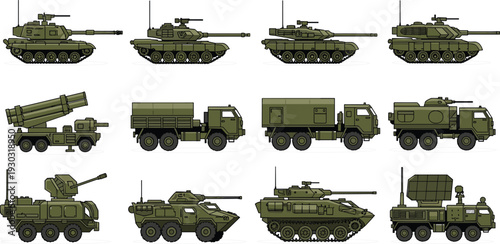 Military Vehicles Set Featuring Tanks, Trucks, and Armored Units in Green CamouflageMilitary Vehicles Set Featuring Tanks, Trucks, and Armored Units in Green Camouflage