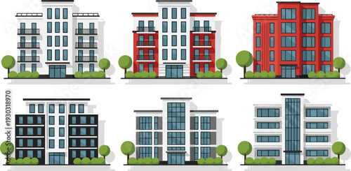 Modern apartment building designs in various styles and colors vector illustration