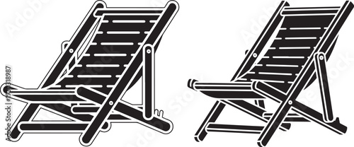Two black and white deck chairs on a white background, symbolizing relaxation and vacation