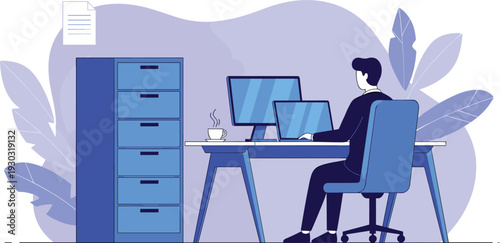 Office workspace with a person working on two laptops in a minimalist office setup vector illustration