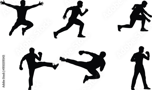 Athletic silhouette illustrations, martial arts poses, jumping, running, kicking, boxing stance, dynamic motion, black vector art, sports action design