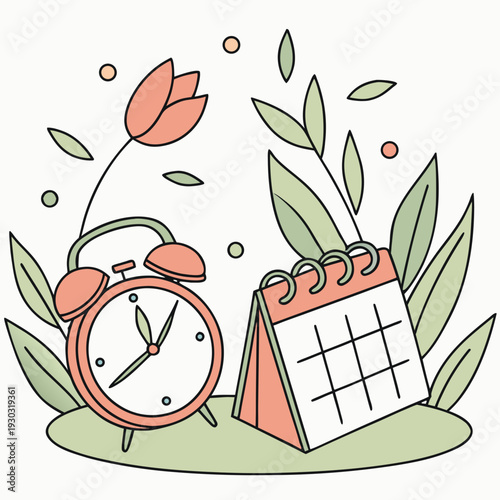 This image showcases a vibrant graphic emphasizing the commencement of daylight saving time in 2026. It includes a calendar marked on March 8th, a clock, and a pencil. high-quality professional detail
