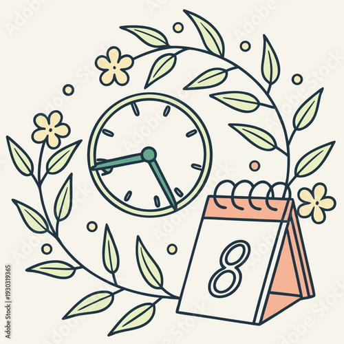This image showcases a vibrant graphic emphasizing the commencement of daylight saving time in 2026. It includes a calendar marked on March 8th, a clock, and a pencil. high-quality professional detail