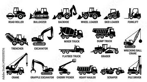 Construction Vehicle Icon Set – Heavy Equipment Silhouettes Featuring Bulldozers, Excavators, Cranes, and Trucks for Industrial Graphics and Engineering Design Projects