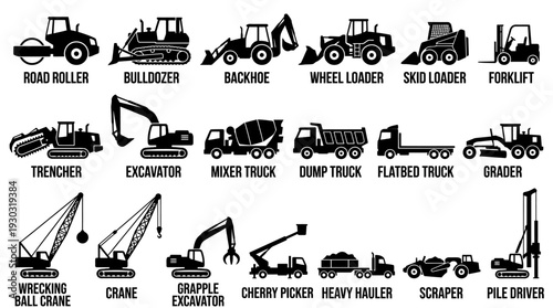 Construction Vehicle Icon Set – Heavy Equipment Silhouettes Featuring Bulldozers, Excavators, Cranes, and Trucks for Industrial Graphics and Engineering Design Projects