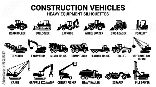 Construction Vehicle Icon Set – Heavy Equipment Silhouettes Featuring Bulldozers, Excavators, Cranes, and Trucks for Industrial Graphics and Engineering Design Projects