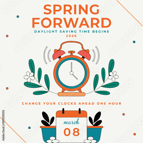This image showcases a vibrant graphic emphasizing the commencement of daylight saving time in 2026. It includes a calendar marked on March 8th, a clock, and a pencil. high-quality professional detail
