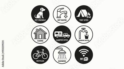 Camping Facility Symbol Set – Outdoor Icons Featuring Pets Allowed, Drinking Water, Showers, Wi-Fi, Cabins, and Tents for Travel Graphics and Campground Maps