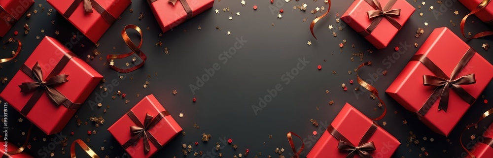 Obraz premium Many red gift boxes with dark ribbons scattered on dark surface with golden confetti and streamers. Festive arrangement for special occasion celebrations like birthdays holidays or anniversaries.