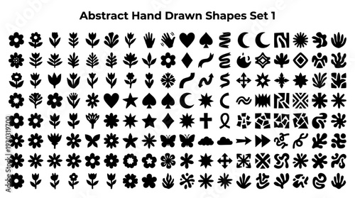 Abstract Hand Drawn Shapes Set 1 – Creative Symbol Icons Featuring Nature, Celestial, Gestural, and Geometric Forms for Artistic Graphics and Modern Design Projects
