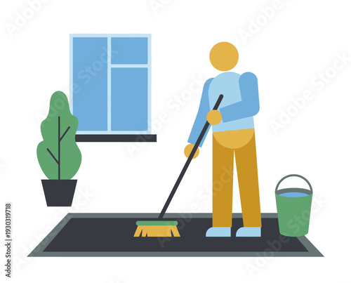 Person sweeping the floor with a broom and dustpan near a window.