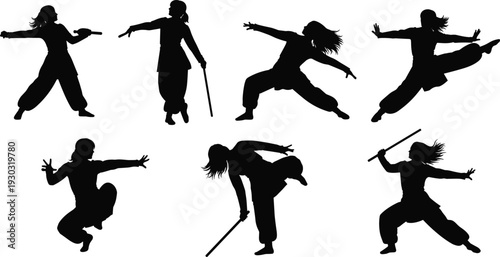 Martial arts silhouette illustrations, weapon poses, staff fighting stances, acrobatic motion, traditional attire, black vector art, dynamic combat design