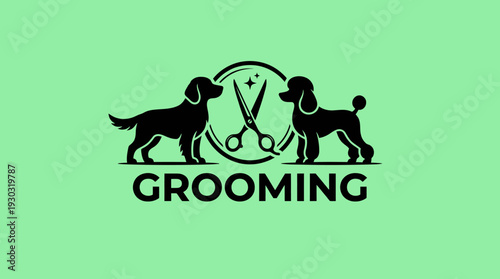 Dog Grooming Logo Design – Stylish Pet Care Branding Featuring Silhouetted Dogs, Scissors, and Circular Emblem for Veterinary Clinics, Groomers, and Animal Service Graphics