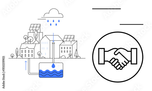 Rainwater harvesting. Urban infrastructure showing water reuse system, sustainable energy, and eco-friendly solutions. Rainwater harvesting promoting water conservation for sustainable cities