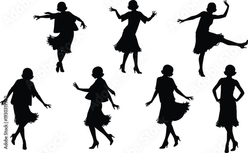 Flapper dancer silhouette illustrations, 1920s jazz age fashion, fringed dress poses, energetic dance motion, black vector art, vintage cultural design