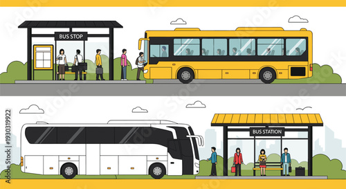 Public transportation illustration featuring a bus stop and bus station with passengers