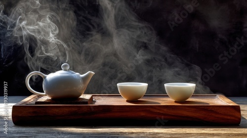 Wallpaper Mural Elegant ceramic teapot and cups on wooden tray with steam rising Torontodigital.ca