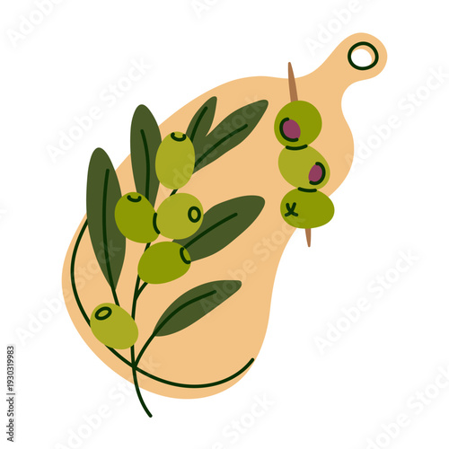 Wooden Board with Olive Skewers and Green Olives on Branch vector illustration