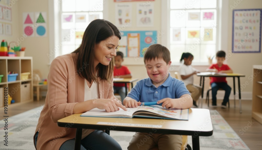 Fototapeta premium Female teacher reading with young caucasian boy in primary classroom. World Down Syndrome Day