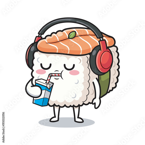 Cartoon sushi character enjoying drink with headphones relaxed