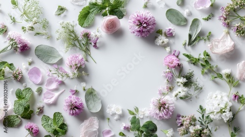 Floral arrangement with pink and white flowers and green leaves on white background