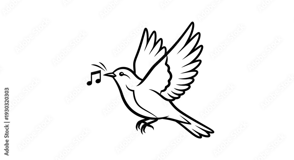Naklejka premium Singing Bird Flying with Music Notes, Black and White Line Art