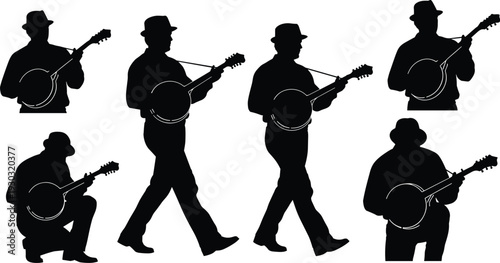 Banjo player silhouette illustrations, musician poses, standing, walking, squatting, dynamic performance art, black vector design, musical instrument culture
