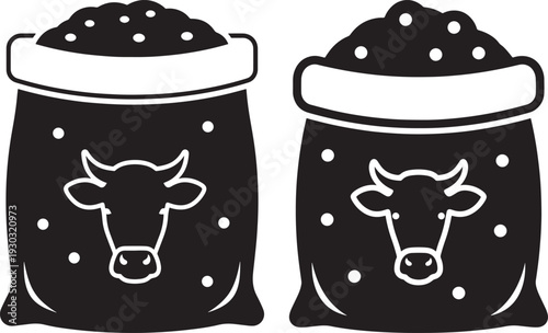 Two sacks of feed or grain with cow face icons, representing animal nutrition, livestock farming, or agricultural product supply chain