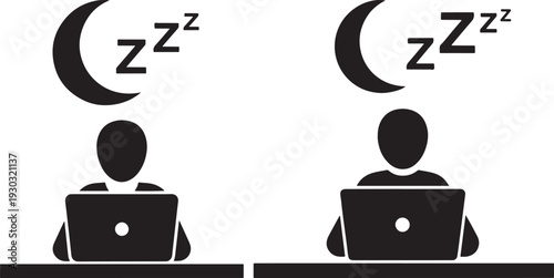 Person working on laptop at night under the moon with 'zzz' sleep symbol, illustrating late-night work, deadlines, or fatigue concept