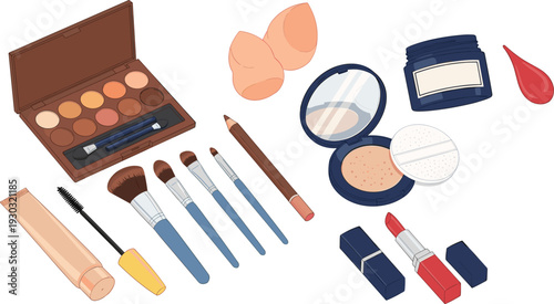 Illustration of Makeup Products Including Brushes, Lipsticks, Eyeshadow, and More
