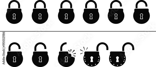 Black padlock unlocking sequence icon set, security breach concept illustration, lock picking stages, cybersecurity risk warning symbol design