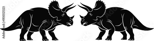 Black silhouette illustration of two Triceratops dinosaurs facing each other with horns and frill design prehistoric animal artwork confrontation scene