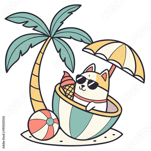 Cute Peaceful Akita, accessorized with sitting in a teacup ride, in a Summer Vacation world – Beach Bliss palette vector