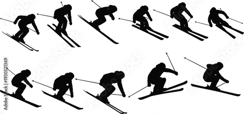 Skier silhouette collection featuring alpine skiing action poses, winter sport athlete, black vector illustration set