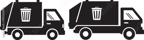 Two black silhouette icons of garbage trucks with recycling symbols, representing waste management and environmental services