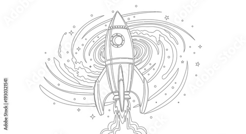 Retro Rocket Launching into Swirling Galaxy, Space Exploration and Adventure