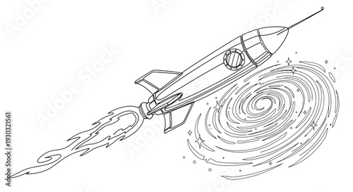 Retro Rocket Ship Blasting Off Through Swirling Galaxy and Stars