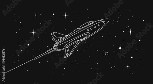Retro rocket ship flying through starry night sky, vintage space travel
