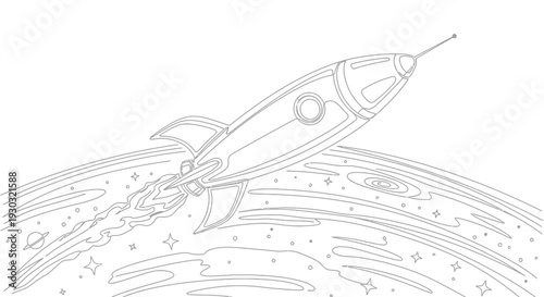 Retro Rocket Ship Launching into Space with Stars and Planets