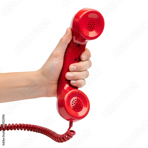 A hand holding a classic red telephone receiver against a white background
